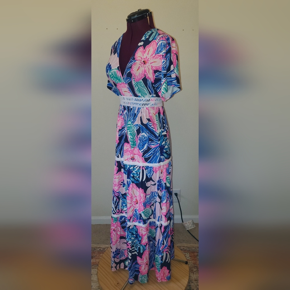 Lilly Pulitzer Pink & Blue Maribella Wrap Maxi Dress Sz 0 - Picture 3 of 11